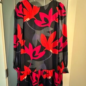 LOFT Bold Floral Long Sleeve Ruffle Hem Dress - XS